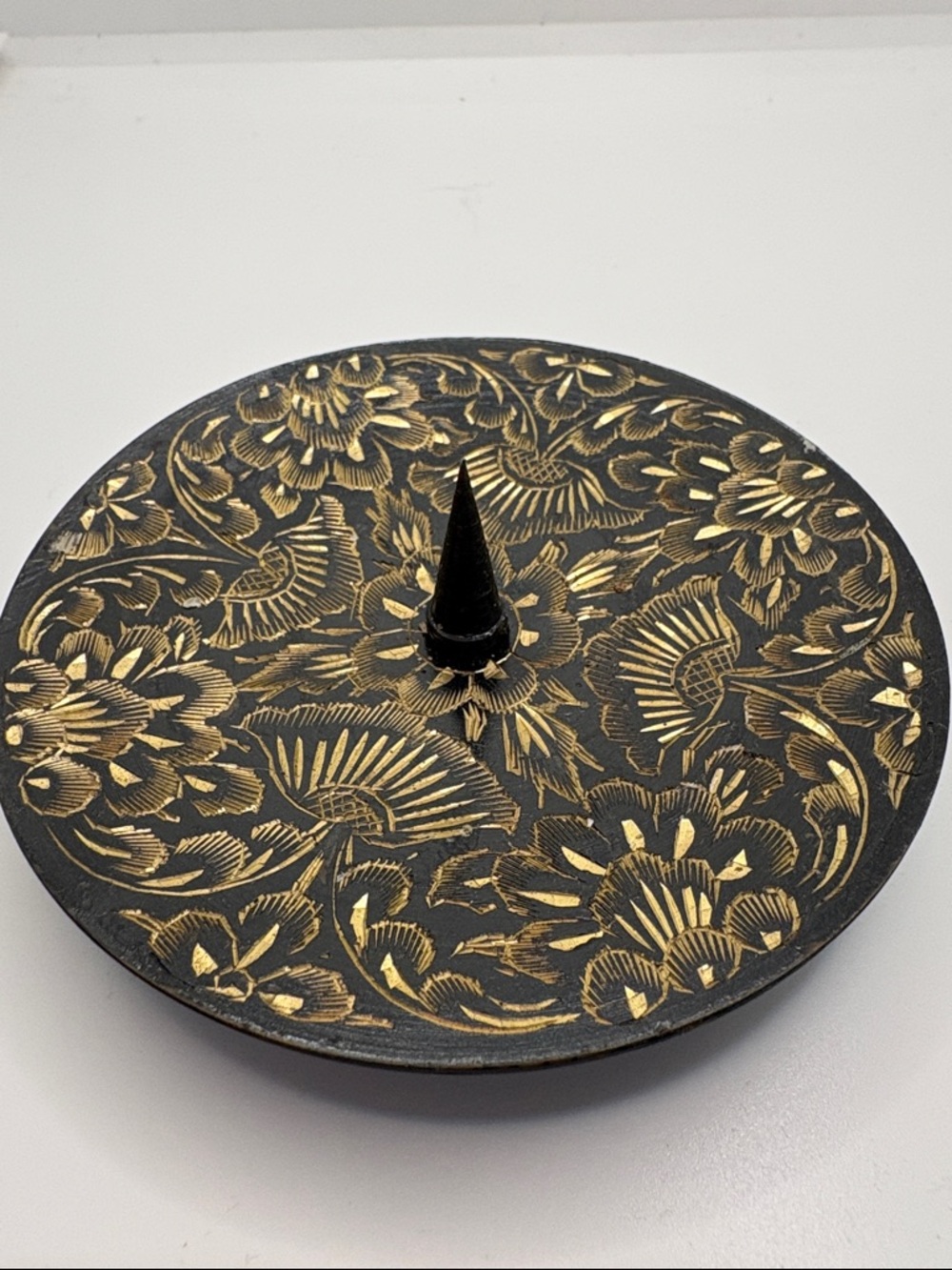 Antique Hand carved brass pillar candle holder spike center beautiful stunning